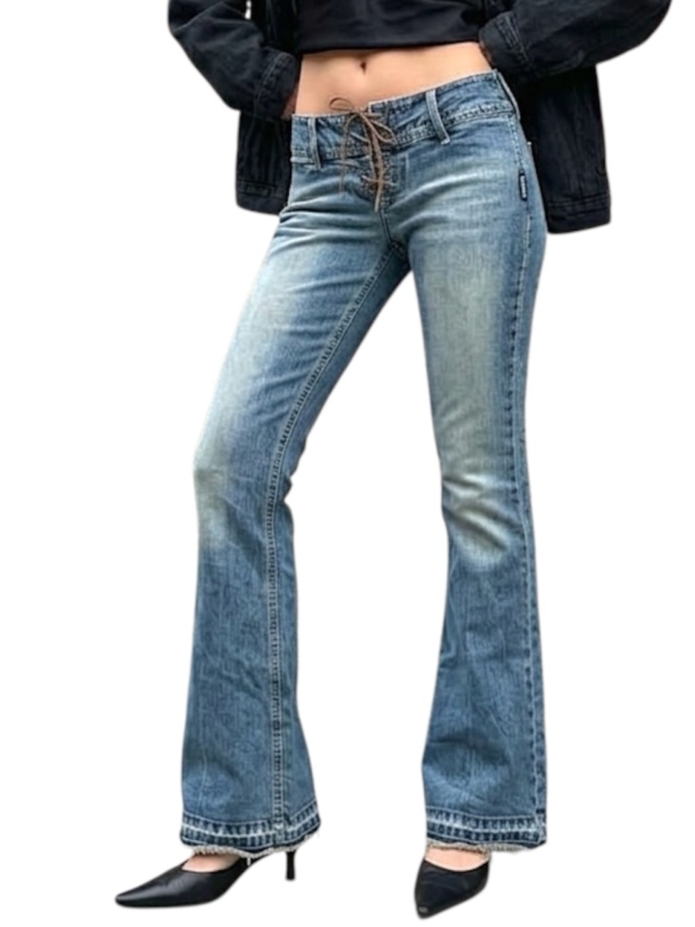 Y2K Silver Jeans lace up low rise faded zigzag stitch raw hem flare jeans 27/34